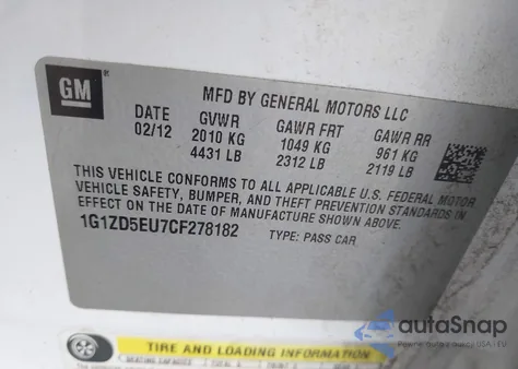 2012 Chevrolet Malibu 2Lt из США, поврежденный, VIN 1G1ZD5EU7CF278182